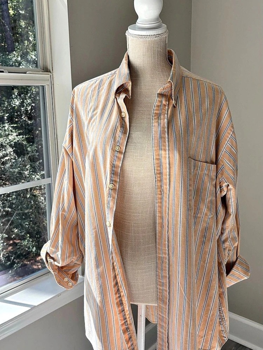 Oversized Striped Button Down Shirt in Orange & Blue Size XLarge